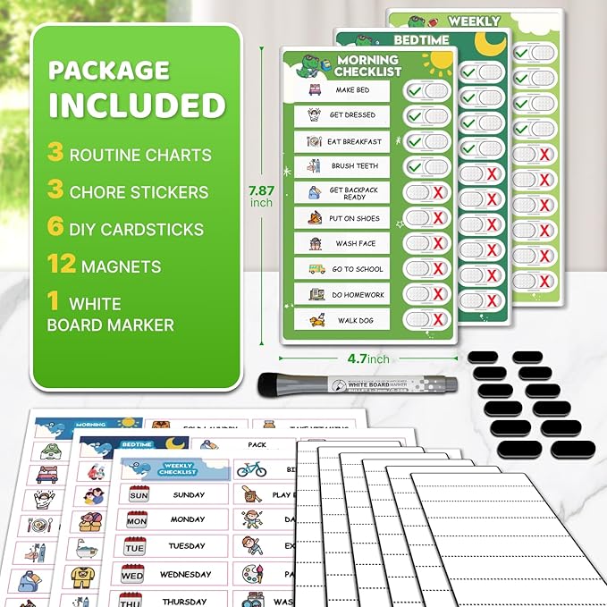 Upgraded Slider 3 in 1 Bedtime/Morning/Weekly Routine Chart for Kids, Magnetic Chore Chart for Kids with 99 Stickers, Cute Visual Schedule for Kid with Autism