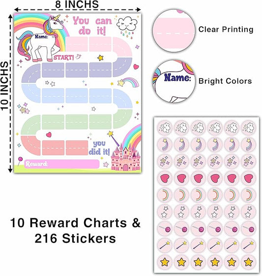 10 Unicorn Reward Chart with 216 Round Stickers, Incentive Behavior Chart for Kids at Home Classroom, Kids Routine Daily Chore Sticker Chart-A20