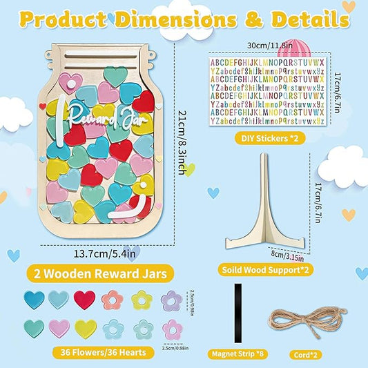 2 Pack Reward Jar for Kids, Heart and Flower Design with Colorful Letter Stickers, Reward Jar Magnetic System for Good Habits, Home School Potty Training Chart, Positive Behavior Incentive Tool