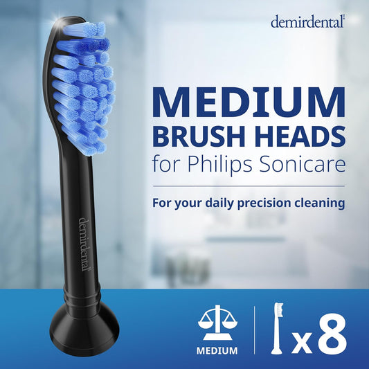 Replacement Heads - Compatible with Philips Sonicare Replacement Heads - Medium Replacement Toothbrush Head - Replaces HX6015/03 SimplyClean Toothbrush Heads - Black - 8 Pack