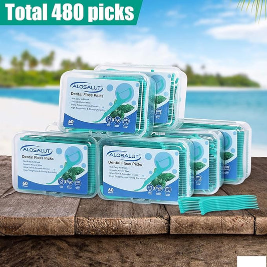 480 Count Dental Floss Picks – Mint Flavored Flossers with Built-in Toothpick for Deep Cleaning – 8 Portable Boxes of 60 – Strong & Smooth Floss Sticks for Family Home Travel - Adults & Kids