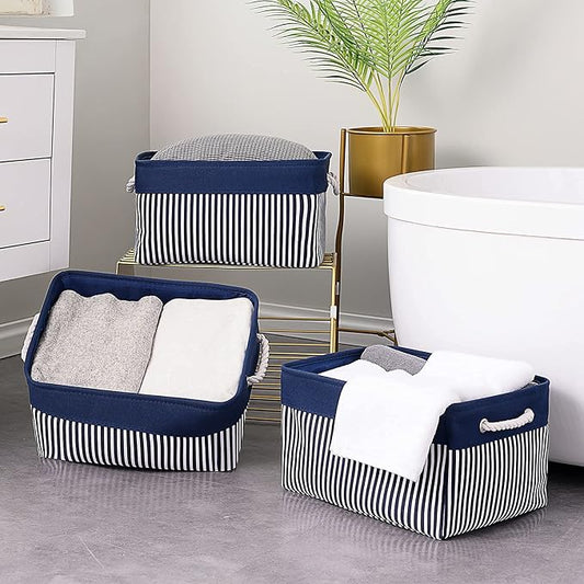 TcaFmac Storage Basket for Organizing - Large 4 Pack Foldable Storage Bins Baskets for Shelves with Ropes, Fabric Storage Cubes for Cloth Toy Gift Kids (Navy & White 16x12x8 inch)