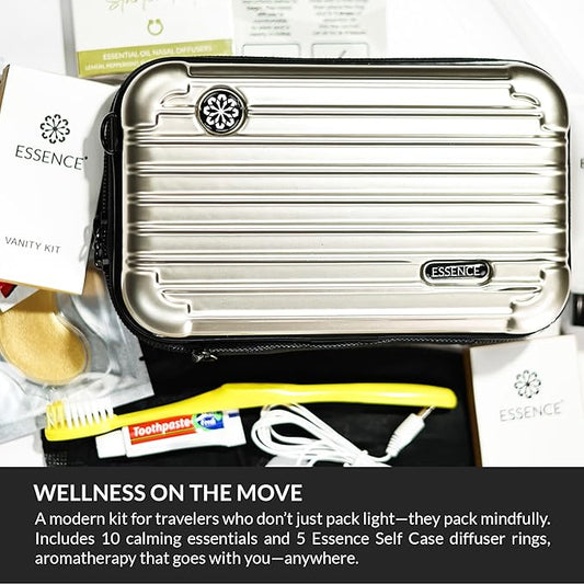 Essence Travel Amenity Kit - Compact Wellness Organizer with 5 Nasal Diffusers + 9 Traveler Comfort Essentials for Flights, Hotels & Adventures - Wearable Aromatherapy Self-Care On the Go
