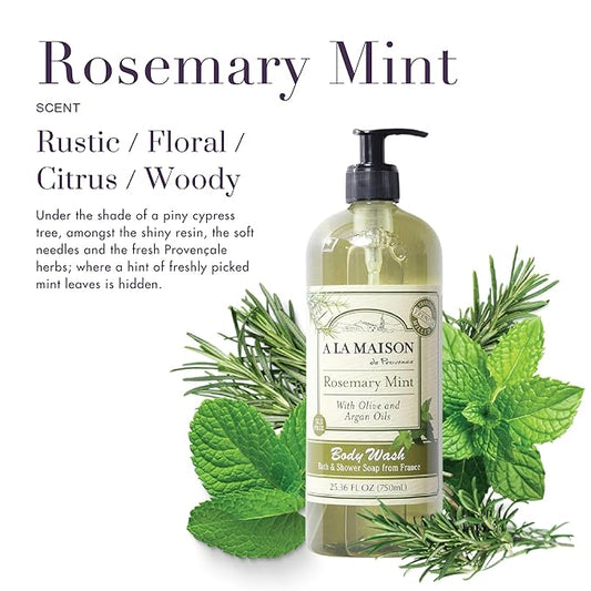 A LA MAISON Rosemary Mint Body Wash 25.36 Fl Oz - Natural Hand Wash Made with Essential Oils - Biodegradable, Plant-Based, Vegan, Cruelty-Free, Alcohol & Paraben Free