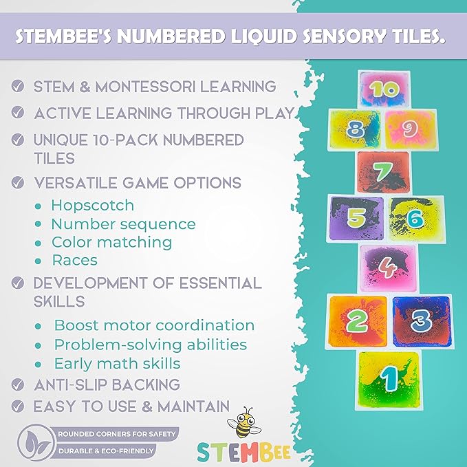10-Pack Numbered Liquid Sensory Tiles, 12" x 12" Activity Play Mats for Toddlers Kids Boys Girls, Colorful Sensory Water Mat, Floor Activity Mat, Childhood Educational Toddler Learning Toys