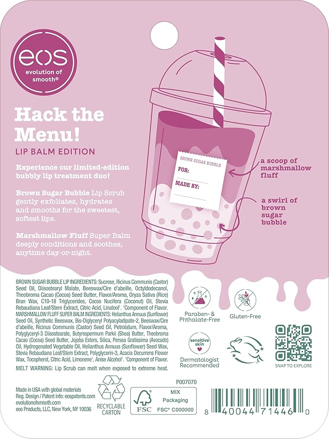 eos Flavor Lab Secret Menu Gift Set - Brown Sugar Boba Lip Scrub Exfoliator & 24H Moisture Super Balm, Limited-Edition Lip Treatment, Nourishing, 2-Pack