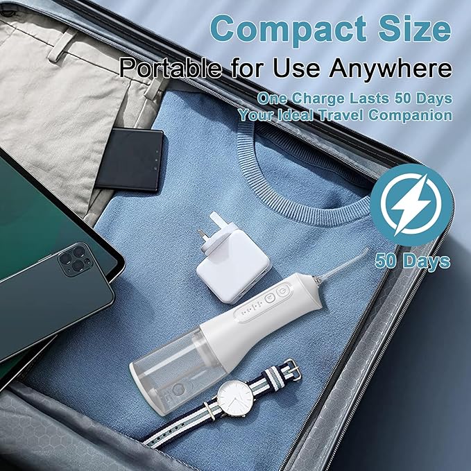 Portable Cordless Water Dental Flosser Teeth Pick 300ML Rechargeable Oral Irrigator with 4 Modes, IPX7 Waterproof,Powerful Flossing for Gum Care, Braces, and Deep Cleaning (White)
