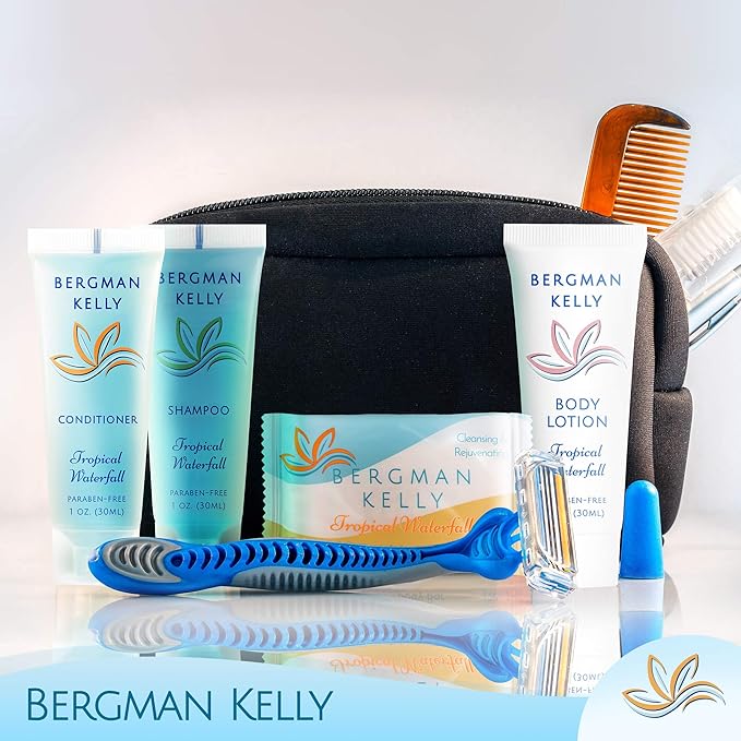 BERGMAN KELLY Hotel Toiletries Bundle (Tropical Waterfall, 1 oz each, 200 Pieces) 4-Piece Set: 50 Rectangular Bar Soap, 50 Shampoo, 50 Conditioner & 50 Body Lotion - Bulk Mini Guest Amenities