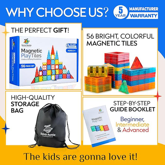 Magnetic Tiles 56 PCS, Magnetic Tiles for Kids & Toddlers Ages 3-8, Magnet Toy for 3 4 5 6 7 8 Year Old Boys Girls Kids & Toddlers, Magnet Blocks Building Set STEM Toy, Great Gift for Kids aged 3-8
