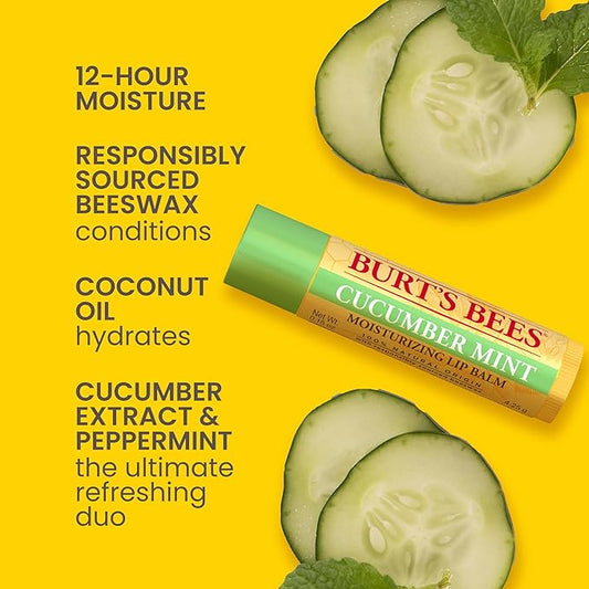 Burt's Bees Lip Balm - Original Beeswax, Cucumber Mint, Watermelon & Sweet Mandarin, With Responsibly Sourced Beeswax, Tint-Free, Natural Origin Treatment, 4 Tubes, 0.15 oz.