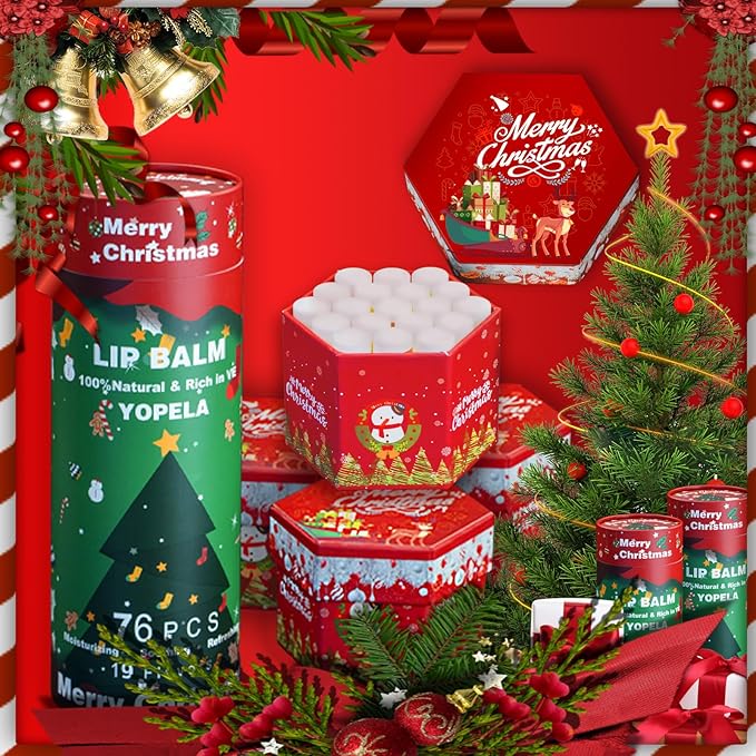 Yopela 76 Pack Christmas Natural Lip Balm Bulk with Vitamin E and Coconut Oil Lip Care Set - Moisturizing, Soothing, and Repairing Dry and Chapped Lips - 19 Flavors - Non-GMO