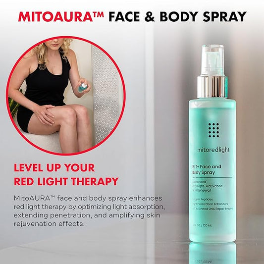 Mito Red Light - MitoAURA™: Red Light Therapy-Enhancing Face & Body Spray- Light-Activated Glow Spray with Copper Peptides & Blue Spirulina - Boost Radiance, Firmness & Skin Recovery - 4 FL OZ