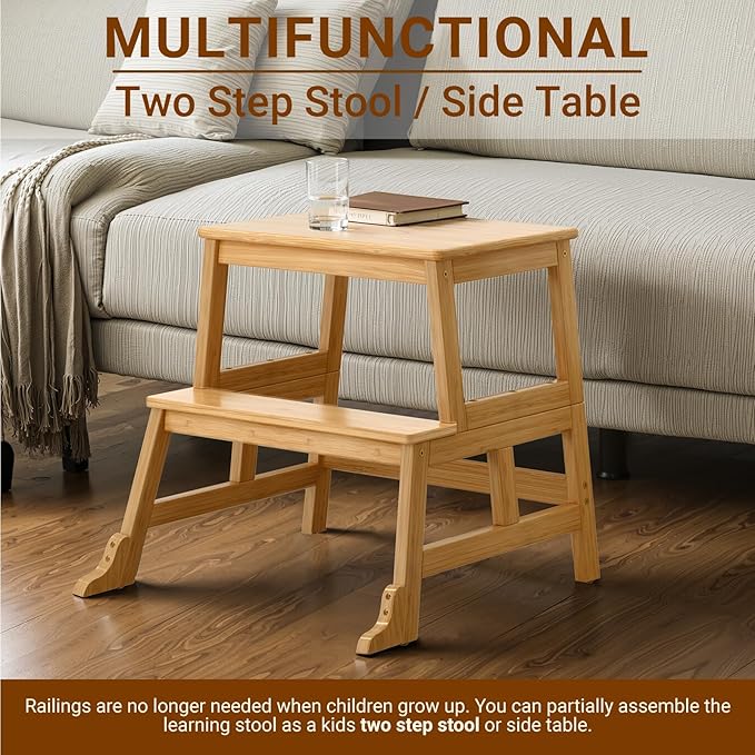 COSYLAND Kids Kitchen Step Stool,Toddler Standing Tower with CPC Certification, Removable Anti-Drop Railing Safety Rail Unique Patented Design Anti-tip Structure More Stable, 1.5-3 yrs Natural Bamboo