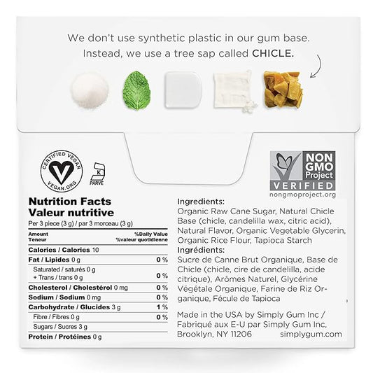 SIMPLY Gum Mint Variety Pack (Peppermint, Spearmint, Wintergreen), Plastic-Free Natural Chewing Gum, 6 Pack (90 Pieces) | Vegan, Kosher, Non GMO, Aspartame Free and Sorbitol Free