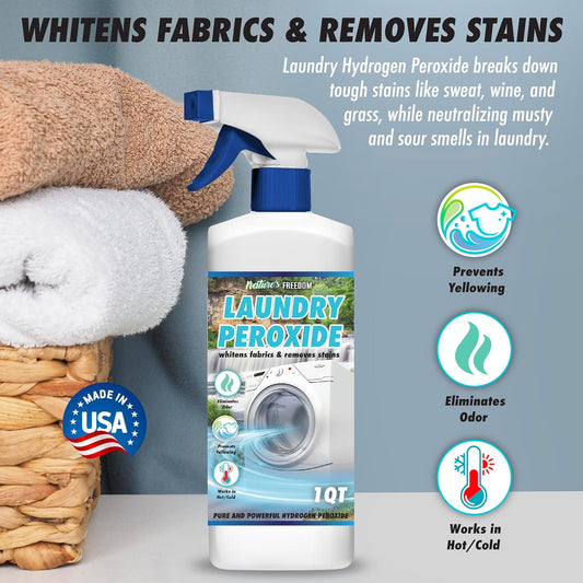 Nature's Freedom Laundry Peroxide Spray – Powerfully Breaks Down Odors & Tough Stains Naturally – Chlorine-Free Whitening & Stain Remover – 32 Fl Oz