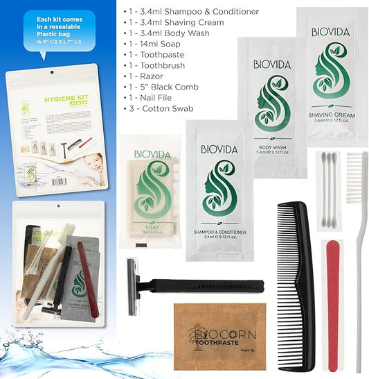 Moda West 96 Hygiene Kits – Bulk Case of Wholesale Deluxe Toiletries for Men, Women, Travel, Charity, Homeless Shelters – 9 Piece Kit for Homeless, Shelter, Disaster Relief, Bathroom, Gym Essentials