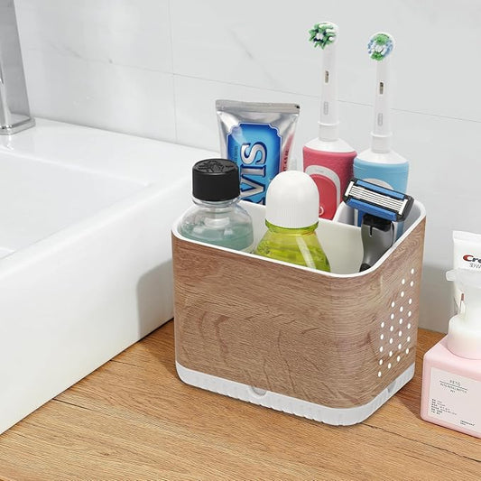 Toothbrush Holders for Bathrooms, Kids Electric Toothbrush and Toothpaste Holder, Toothbrush Caddy Organizer, 4 Slots Tooth Brushing Stand for Bathroom Organizer Countertop (Wood Grain)