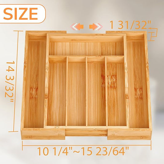BAMEOS Bamboo Expandable Drawer Organizer, 5-7 Slots Kitchen Drawer Organizer, Adjustable Cutlery Tray for Utensils, Silverware & Flatware (Natural)