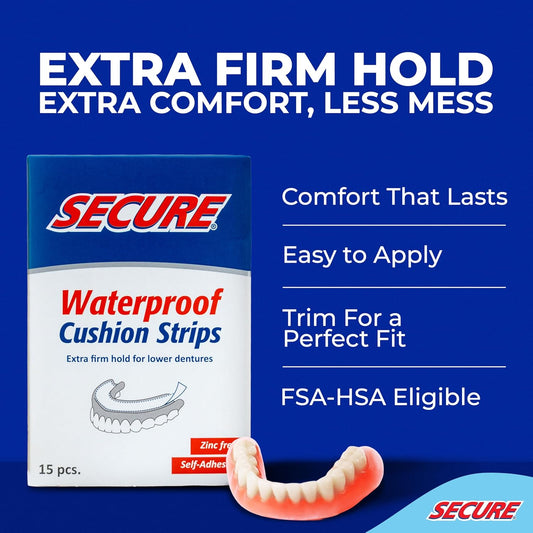 Secure Denture Adhesive Strips – Zinc Free – Waterproof – Comfortable Cushion Fit for Lowers – Extra Firm All-Day-Hold – No Mess – Clean Ingredients - 75 Strips (5 Pack)
