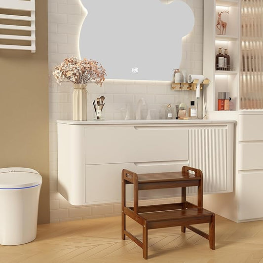 Step Stool for Kids Bamboo Toddler Two Steps Stool with Anti-Slip and Handles Stairs 300 lbs Capacity for Bathroom Kitchen Bedroom(Brown)