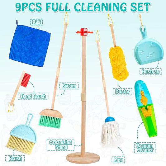 Kids Cleaning Set with Electric Vacuum Cleaners, Wooden Pretend Play Housekeeping Set, Toddler Cleaning Toys for Girls Boys Age 3+