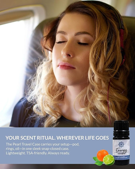 Essence Pearl Travel Case - Wearable Aromatherapy Kit with Nasal Diffuser Rings, Soaking Bay, and 5mL Essential Oil – Portable Wellness Gift Set for On?The?Go Self Care