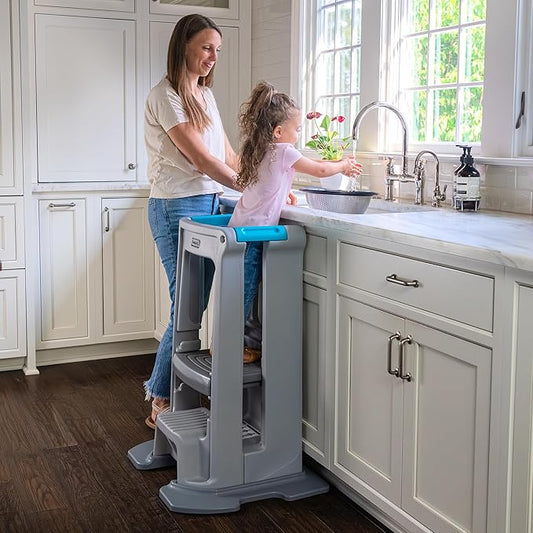 Simplay3 Toddler Tower Montessori Standing Kitchen Step Stool with Sturdy Stabilizing Base and Adjustable Platform, 20.5" D x 26" W x 34.5" H, Ages 18 Months to 5 Years, Gray