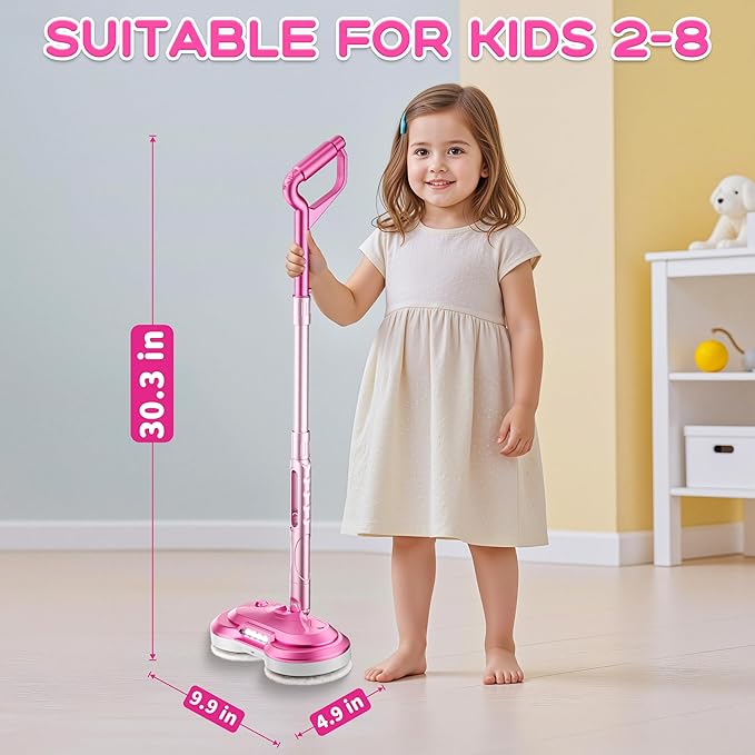 Kids Electric Spin Mop Toy, Rechargeable Cordless Electric Mop W/ Water Sprayer & LED Headlight for Children Ages 3 4 5 6+ Girls & Boys, Cleaning Toy for Pretend Play (Pink)