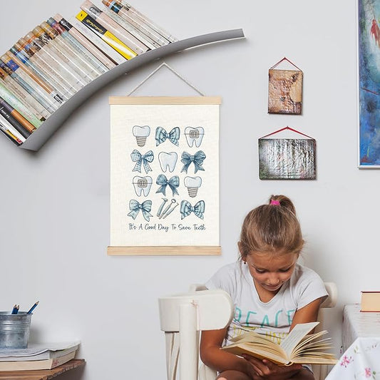 FDHSPAAM Blue Dental Wall Art Decor, Dental Office Decor, Dentist Gifts for Women, Coquette Bow Teeth Dental Assistant Wall Decor Posters for Hospital Doctor Office, 12x16 Inch