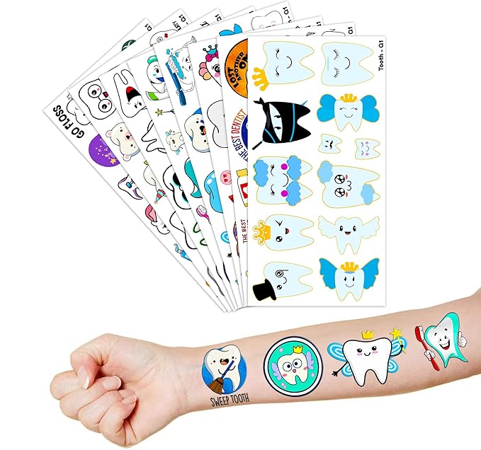 96 PCS Cute First Milk Tooth Dental Dentist Pre-Cut Temporary Tattoos for Kids Birthday Themed Party Supplies Decorations Favors Fairy Teeth Tattoo Stickers Gifts for Baby Girls Boys Rewards