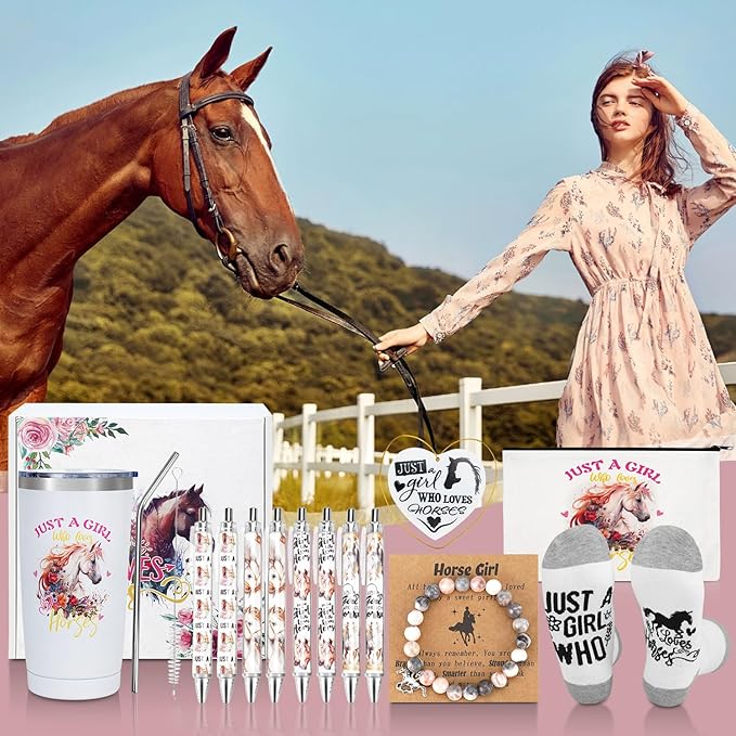 Horse Gift for Girls Horse Gifts for Horse Lovers 13pcs Gift Set with Tumbler Makeup Bag Socks Bracelet Ballpoint Pens Acrylic Keychain Birthday Gifts for Women Valentines Day Gifts for Her