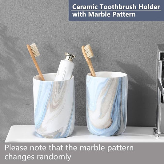 Blue Marble Toothbrush Holders - Ceramic Toothbrush Holders for Bathrooms, Toothbrush Toothpaste Holders, Marble Bathroom Tumbler Cups Reusable Toothbrush Mouthwash Cup, Bathroom Counter Organizer