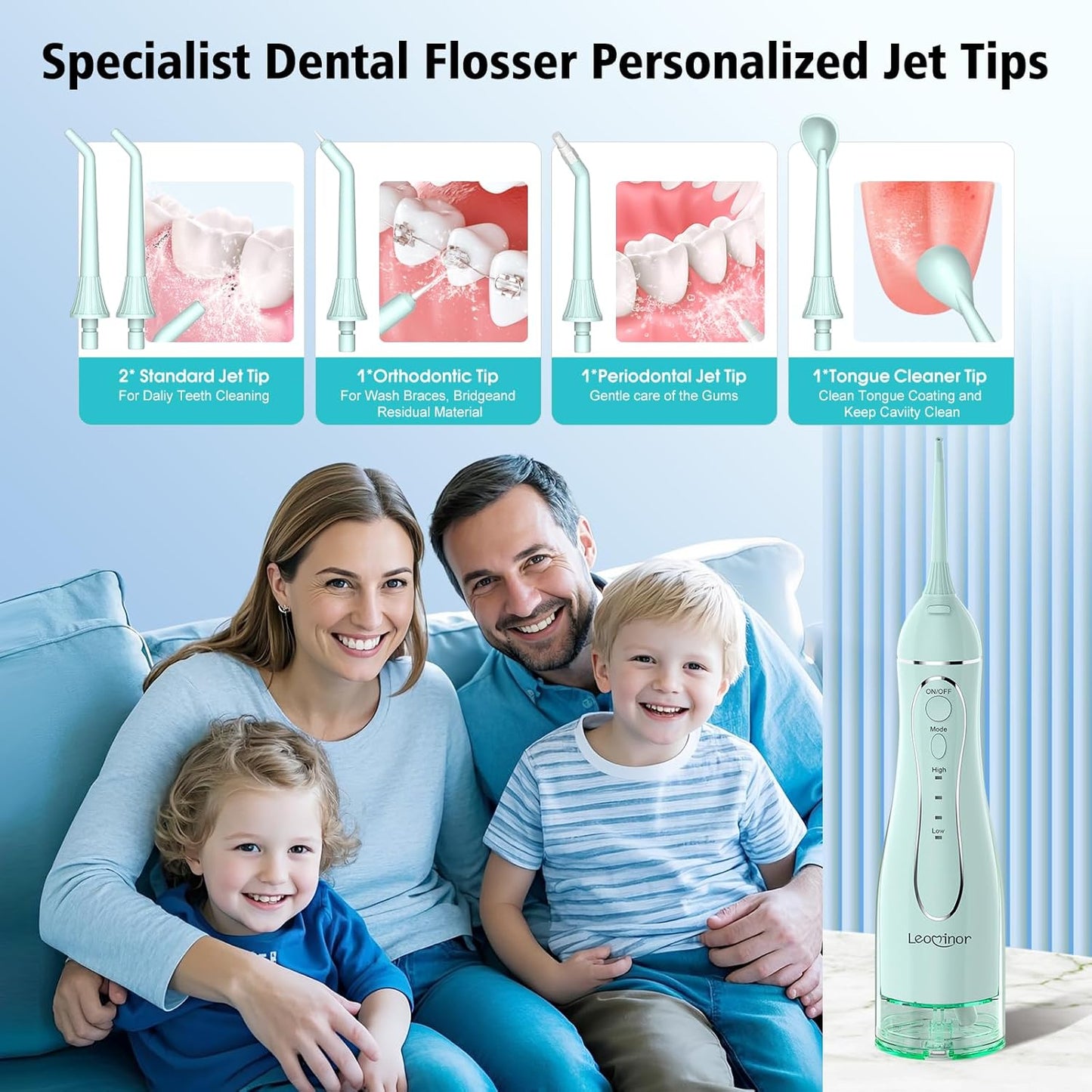 Leominor Water Dental Flosser Pick for Teeth, 300ML Portable Oral Irrigator Upgraded Tank Removable,IPX7 Waterproof, Rechargeable Travel Teeth Cleaner, Professional Electric Flossing (Green)