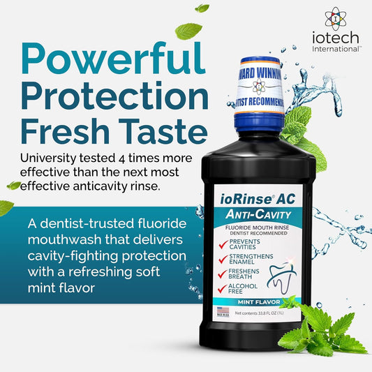 ioRinse AC Anticavity Fluoride Mouthwash - Alcohol-Free Molecular Iodine Mouth Wash Fights Tooth Decay & Protects Enamel - Safe Mint Rinse for Sensitive Mouths - Potent Bad Breath Protection