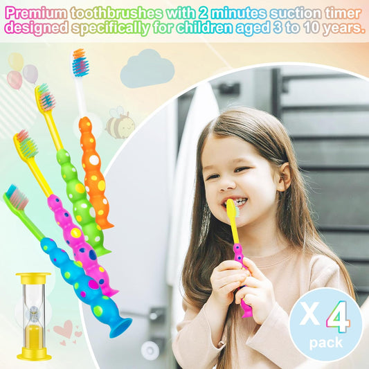 Kids Toothbrush, Toddler Toothbrush Age 2-4 and Older, with Suction Timer, Children Sized Brush Heads (3-10 Year Old), Flossing Bristles, Pack of 4