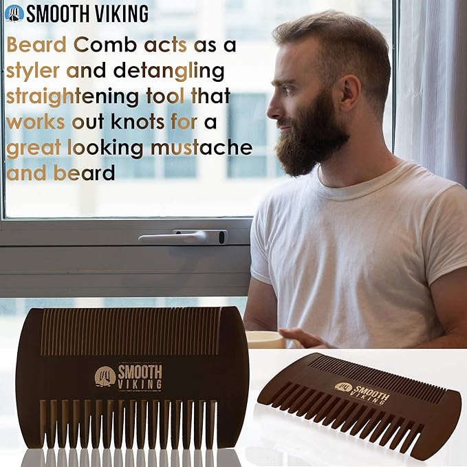 Smooth Viking Beard Brush & Comb Gift Set for Men - Natural Boar Bristle Hair Brush & Wooden Comb, Boar Brush for Facial Hair Styling, Grooming & Beard Shaping Tool, Men Hair Products - Brown