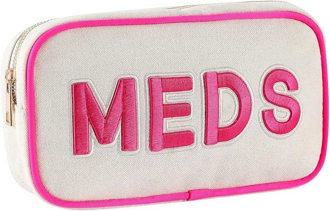 2Pcs Small Canvas Rx MEDS Medicine Packages, Cute Chenille Letter Patch Drug Makeup Bag with Metal Zipper, Mini Travel First Aid Purse Organizer Machine Washable (06 2pcs Hot Pink)