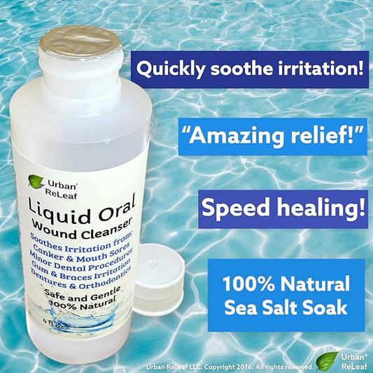 Urban ReLeaf Liquid Oral Wound Cleanser ! Soothe Irritation. Fast Relief! 100% Natural Sea Salt Soak. 4 oz, Ready to use. Dental Work, Braces, Mouth, Gum and Canker sores, Orthodontics, dentures.