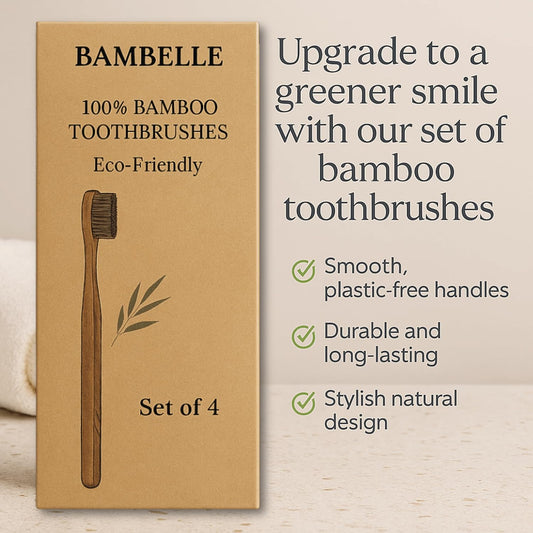 Bamboo Toothbrushes, 4-Pack Soft Bristle, Eco-Friendly, Biodegradable, Natural Wooden, Plastic-Free