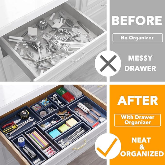 SpaceAid 14-Piece Bamboo Drawer Organizer Storage Boxes Set, Wood Tray Junk Drawer Organizers Multi-Use Divider Bins for Kitchen, Bathroom, Office Desk and Makeup Organization (14 Pack, Navy Blue)