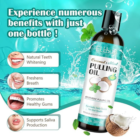 Coconut Pulling Oil - Ayurvedic Mint Oil Pulling Mouthwash with Tongue Scraper | Natural Essential Oils for Fresh Breath, Teeth Whitening & Healthy Gums | Alcohol-Free 8 Fl. Oz 2Pack
