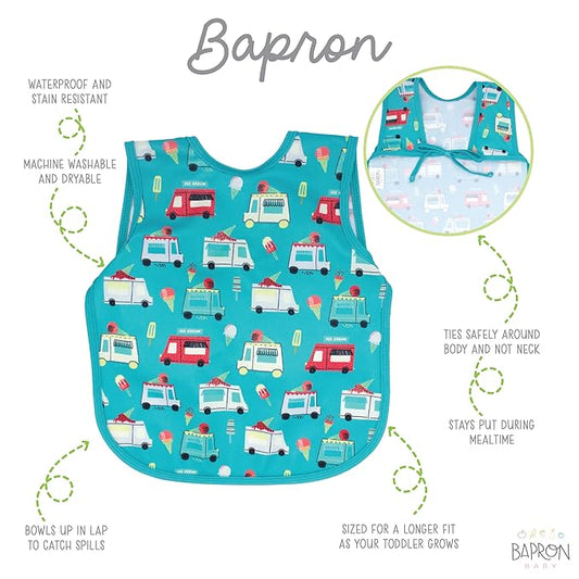 BapronBaby Ice Cream Truck Bapron - No Neck Tie Safer Bib for Baby & Toddler - Soft Waterproof Stain Resistant - Machine Washable - Sz Preschool 3-5yrs