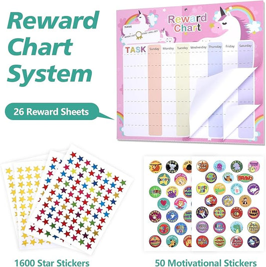 Behavior Chart for Kids - Reward Chart for Kids with 26 Reward Sheets, Magnetic Reward Chart for Kids with 1600 Star Stickers, 50 Motivational Stickers, Responsibility Chart for Kids, Behavior Chart