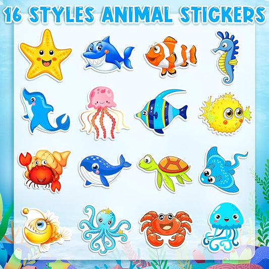 1200 Pcs Ocean Animal Stickers Roll Sea Animal Stickers for Kids Cute Roll Sticker Cartoon Fish Sticker Deals Sea Creature Labels for Teacher Reward School Supplies Incentives (16 Styles)