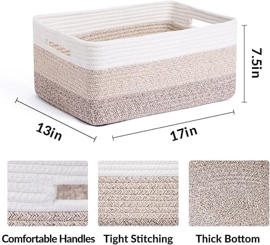 Large Storage Baskets for Organizing, Closet Shelf Baskets for Clothes Blanket Towels, Baby Nursery, Toy Bins Box, Woven Rope Baskets, 17 x 13 x 7.5”, 4 Packs Gradient Brown