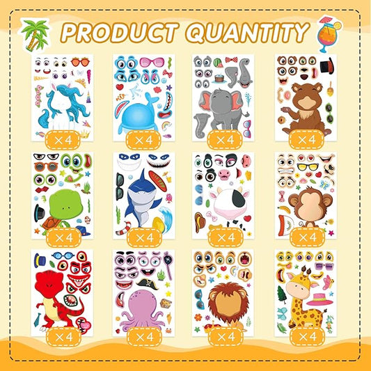 48 Sheets Make a face Stickers for Kids, Make Your Own Animal Mix and Match Sticker Sheets with Safaris, Sea and Fantasy Animals Party Favors Supplies