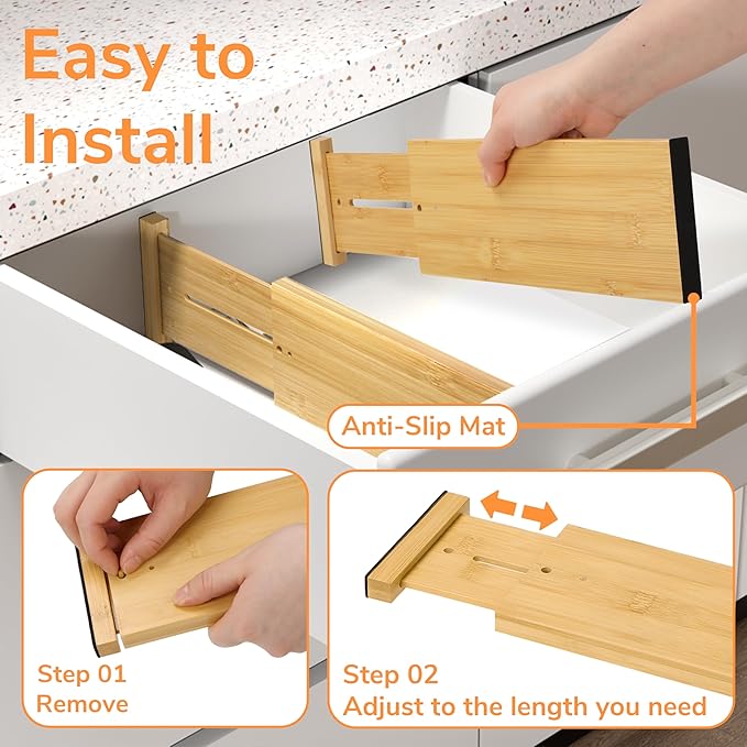 BAMEOS 4 PCS Bamboo Drawer Divider Adjustable Drawer Dividers Kitchen Drawer Organization Utensil Organizers for Kitchen Dresser Bathroom Bedroom and Office