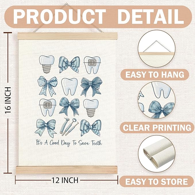 FDHSPAAM Blue Dental Wall Art Decor, Dental Office Decor, Dentist Gifts for Women, Coquette Bow Teeth Dental Assistant Wall Decor Posters for Hospital Doctor Office, 12x16 Inch