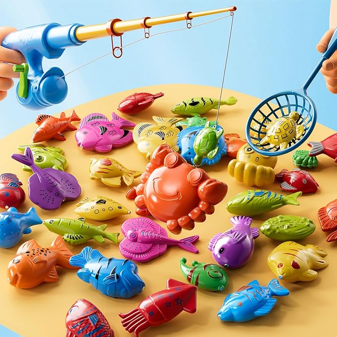 Magnetic Fishing Game Toys for Kids Toddlers 3-5 4-8, Water Table Bathtub Toys with Pole Rod Net Plastic Floating Fish, Water Bath Pool Outdoor Toys for Kids Toddlers Baby Age 3 4 5 6 7 8 Year Old