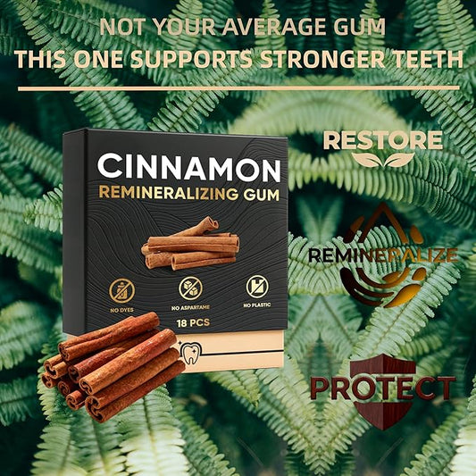 Remineralizing Gum with Nano Hydroxyapatite & Xylitol-Gum Repair For Receding Gums-CinnamonGum-Plastic-Free, Dye-Free, Aspartame-Free-Natural Base-36 Pieces